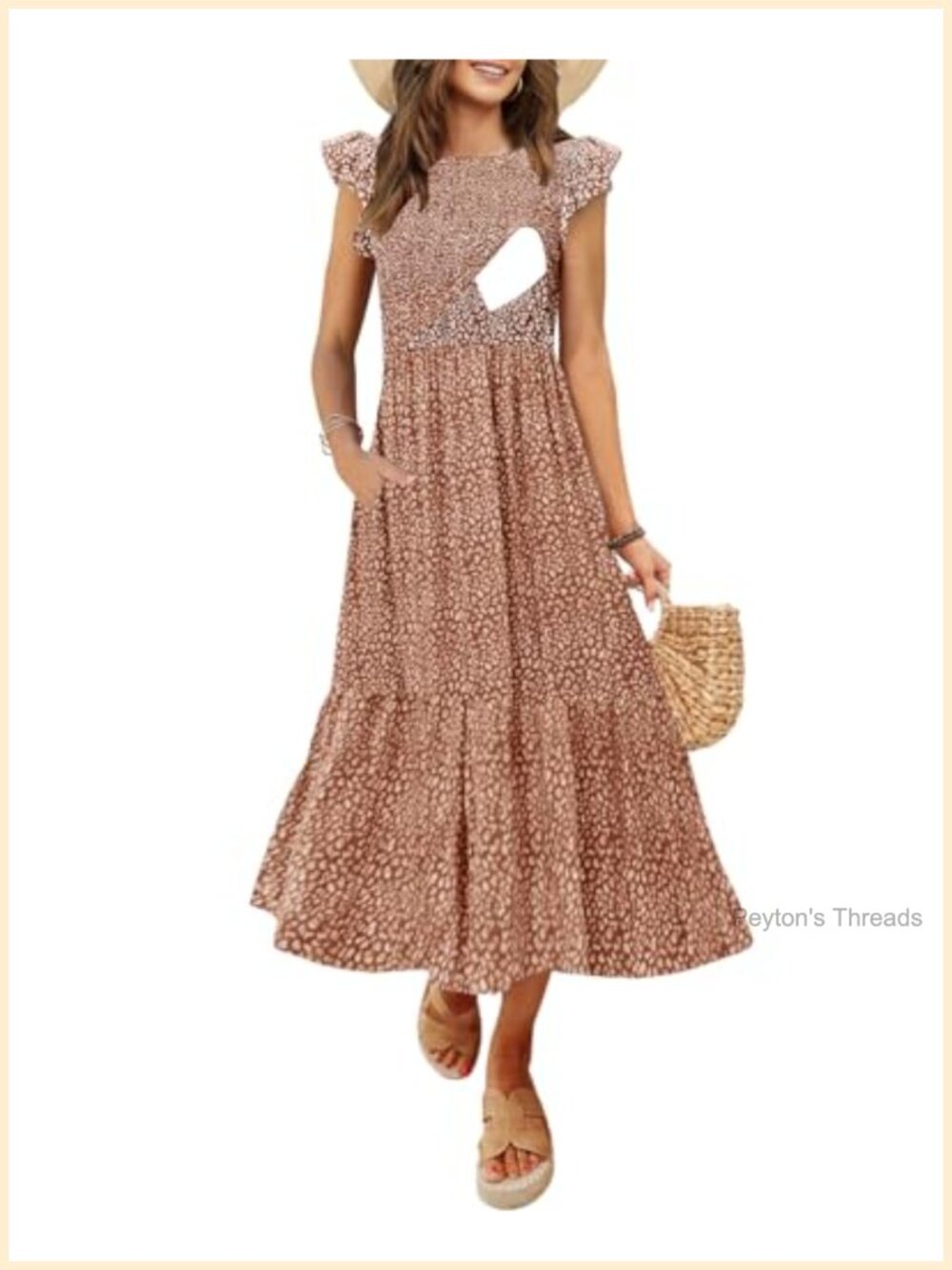 Nursing Midi Dress Flutter Sleeve Smocked Waist Pockets